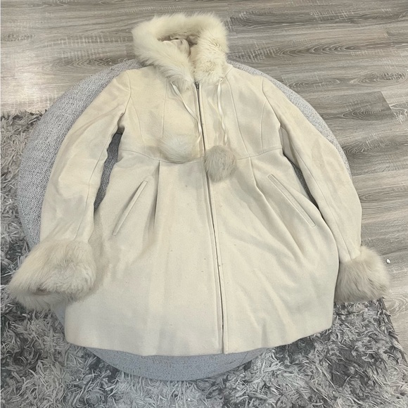 Women's Cream Faux Fur Trim Coat - Picture 3 of 3